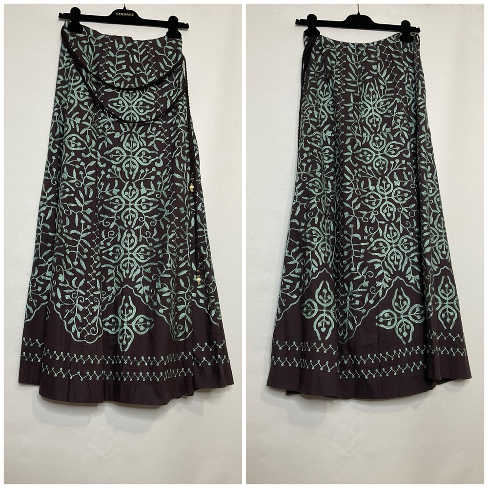 Vintage Soft Surroundings Brown Cotton Maxi Skirt with Mint Embroidery Small